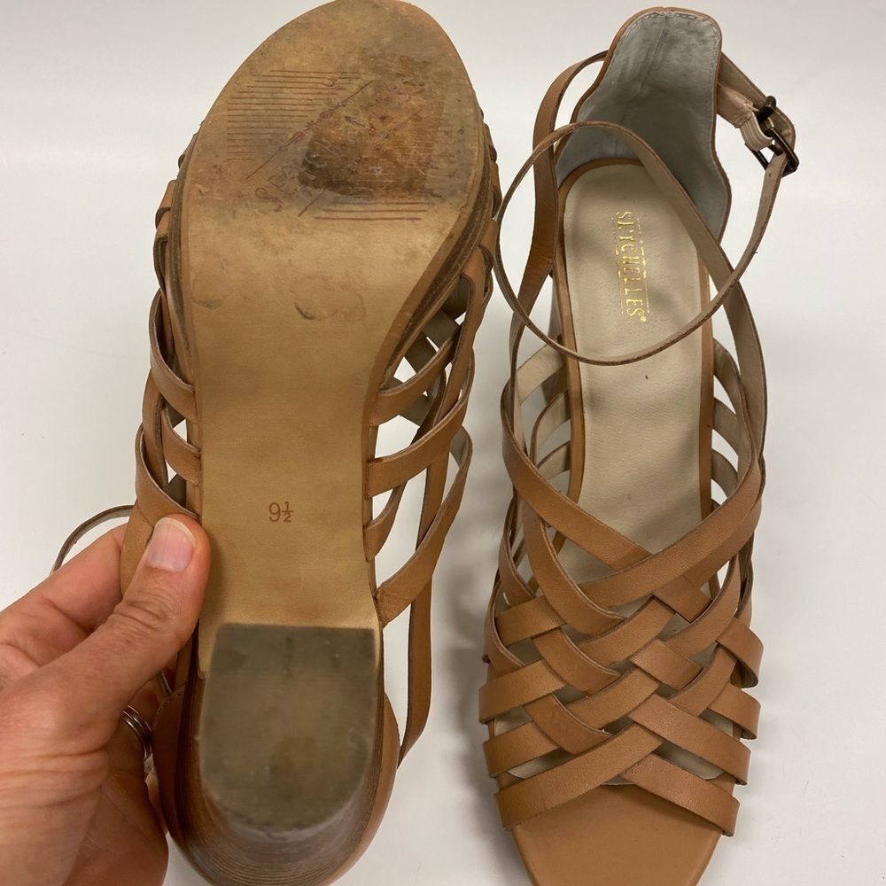 Seychelles Tan Leather Woven Stack Heel Sandals‎ - Picture 4 of 6